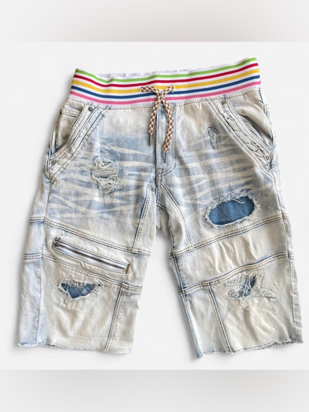 Born Fly Distressed Light Wash Denim shorts with Rainbow Stretch Waistband S